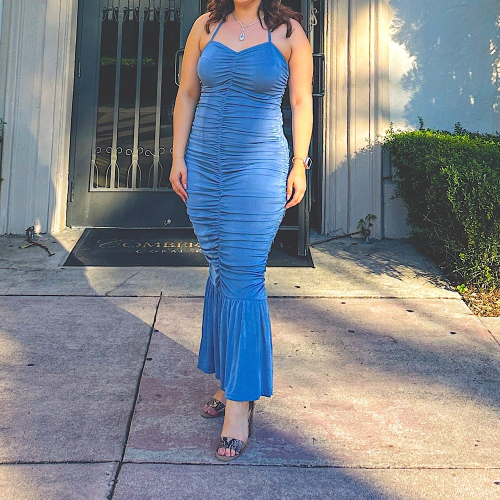 Wedding Guest Dress BodyCon Ruffle Dusty Blue great for petite women!